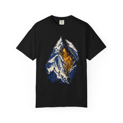 Mountain Split Tee large front print on a Black Comfort Colors 1717 tee