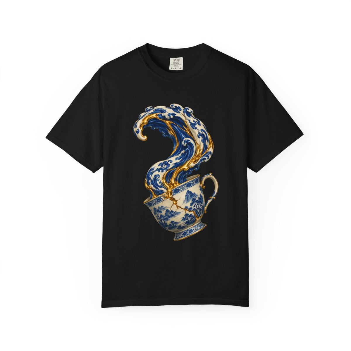 Cup Overflow Tee large front print on a Black Comfort Colors 1717 tee