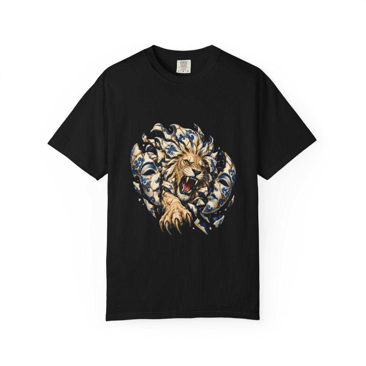 Lion Uncaged Tee large front print on a Black Comfort Colors 1717 tee