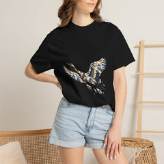 Porcelain Flight Tee worn Printify context view on a Black Comfort Colors 1717 tee