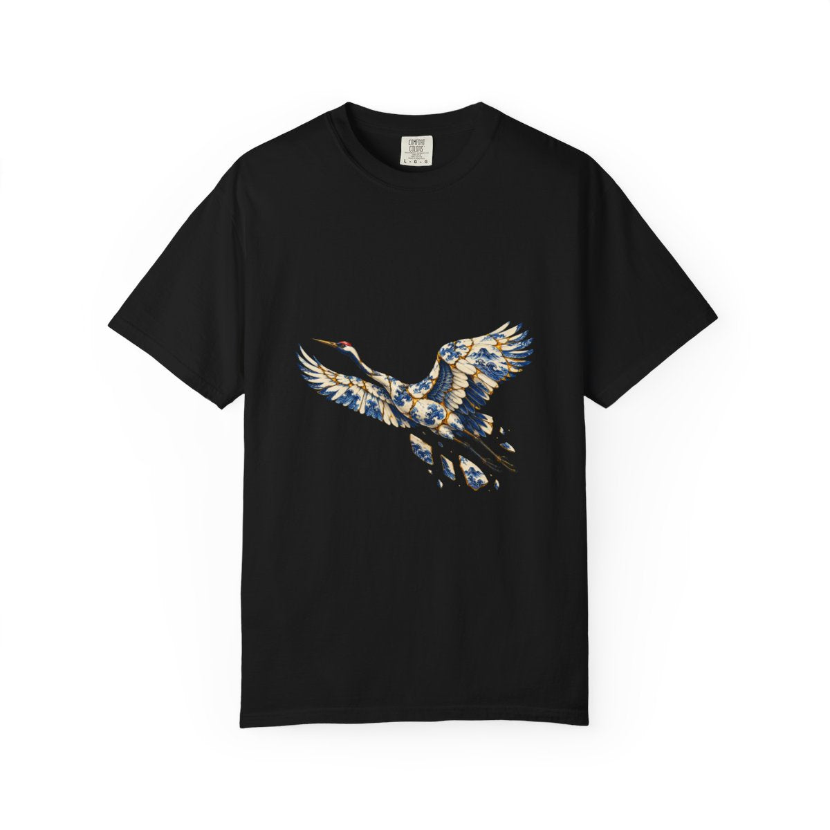 Porcelain Flight Tee large front print on a Black Comfort Colors 1717 tee