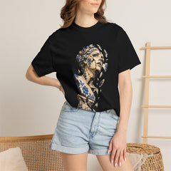 The Falling Idol Tee worn Printify context view on a Black Comfort Colors 1717 tee
