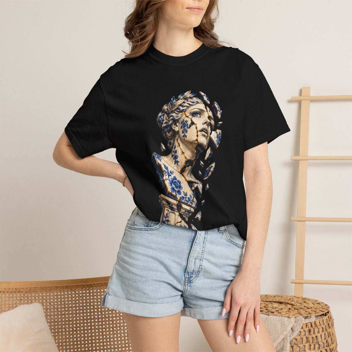 The Falling Idol Tee worn Printify context view on a Black Comfort Colors 1717 tee