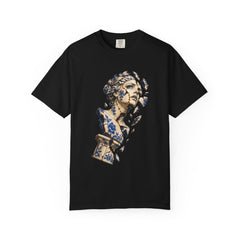 The Falling Idol Tee large front print on a Black Comfort Colors 1717 tee