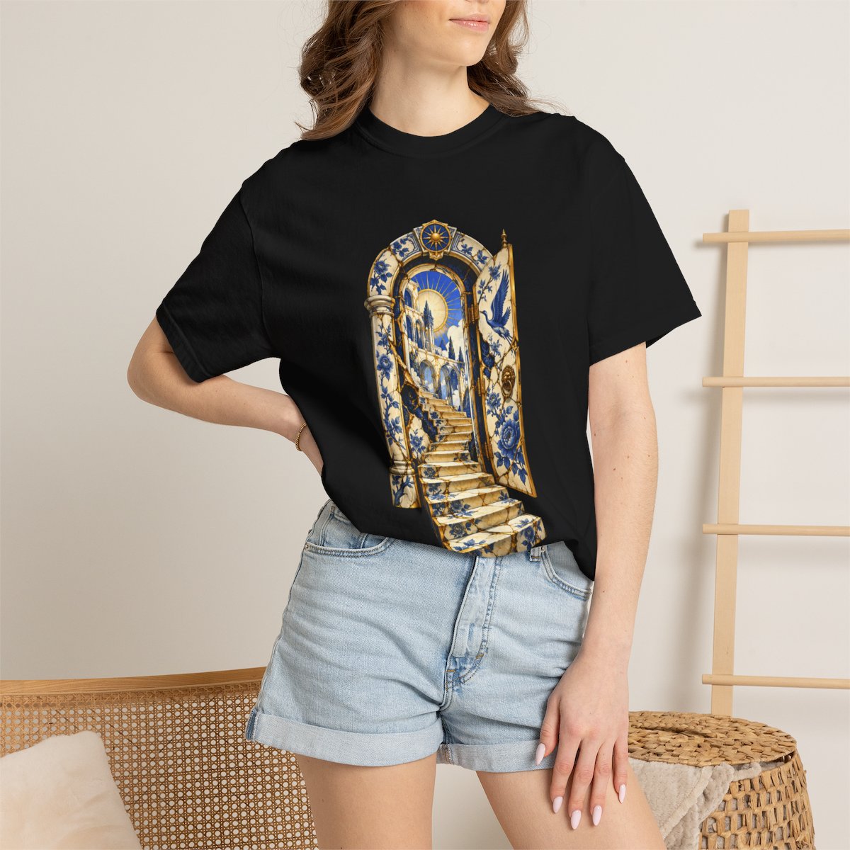 The Gold Door Tee worn Printify context view on a Black Comfort Colors 1717 tee