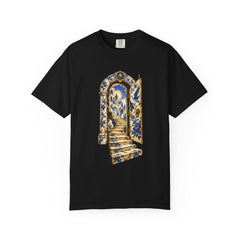 The Gold Door Tee large front print on a Black Comfort Colors 1717 tee