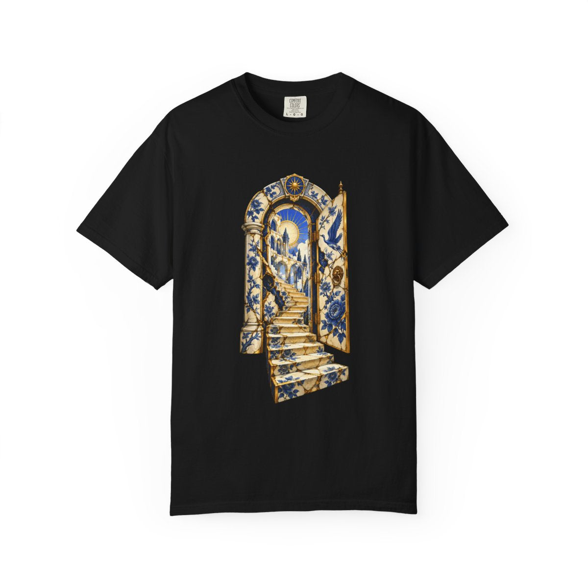 The Gold Door Tee large front print on a Black Comfort Colors 1717 tee