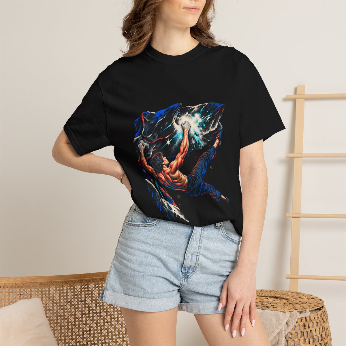 Chalk Burst Tee worn Printify context view on a Black Comfort Colors 1717 tee