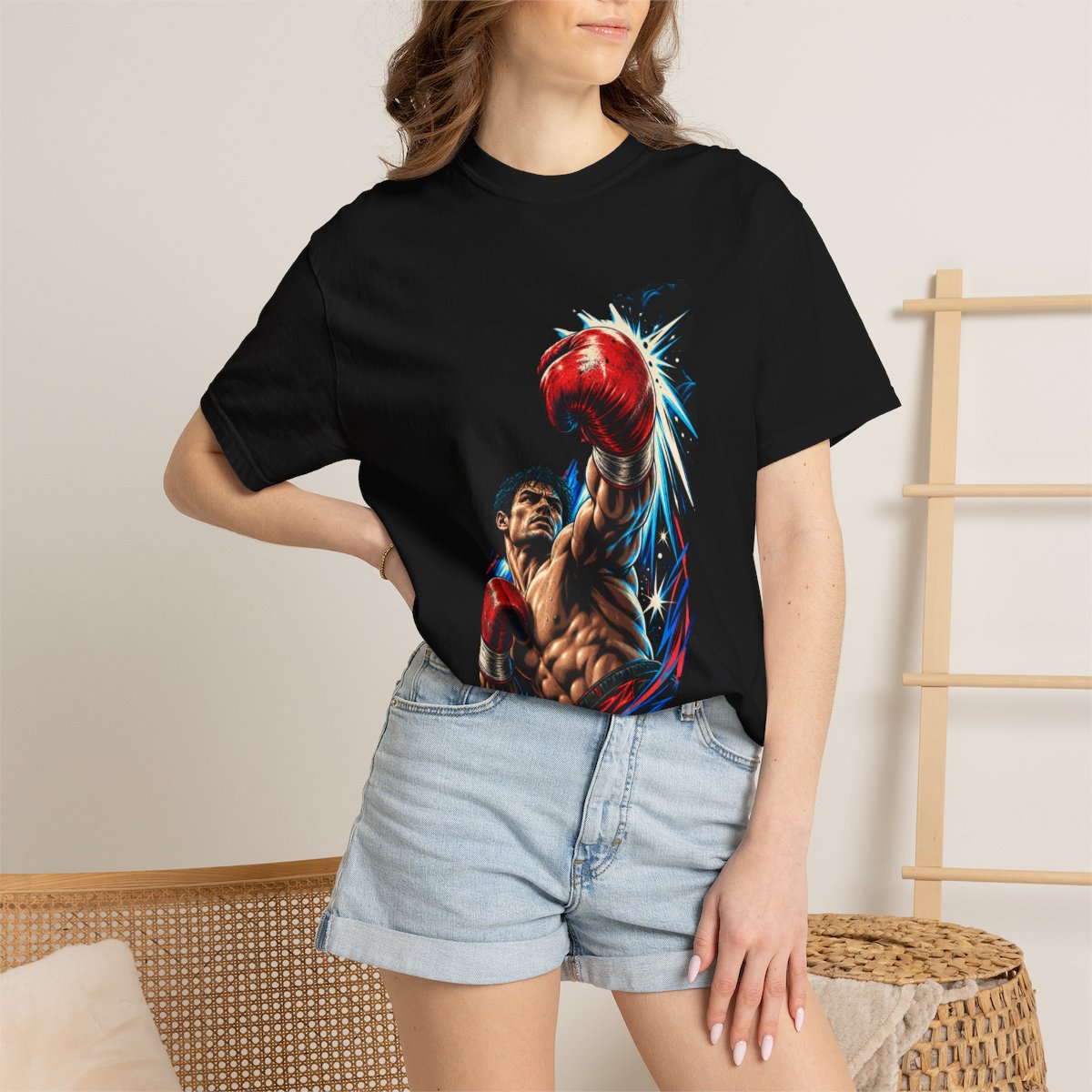 Knockout Blow Tee worn Printify context view on a Black Comfort Colors 1717 tee