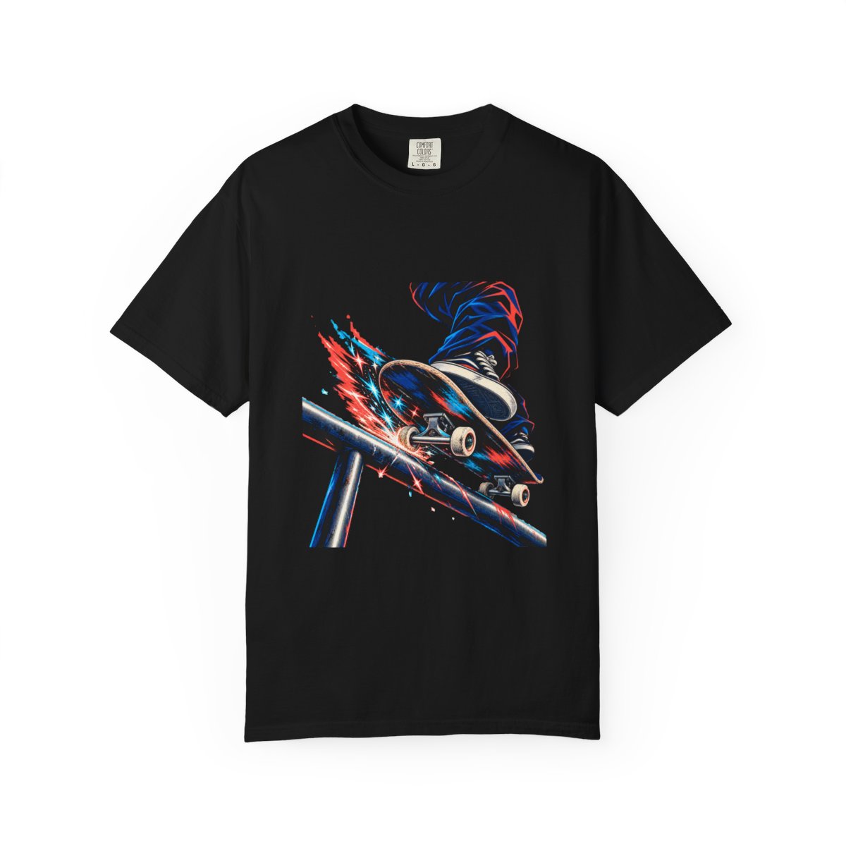 Rail Sparks Tee large front print on a Black Comfort Colors 1717 tee