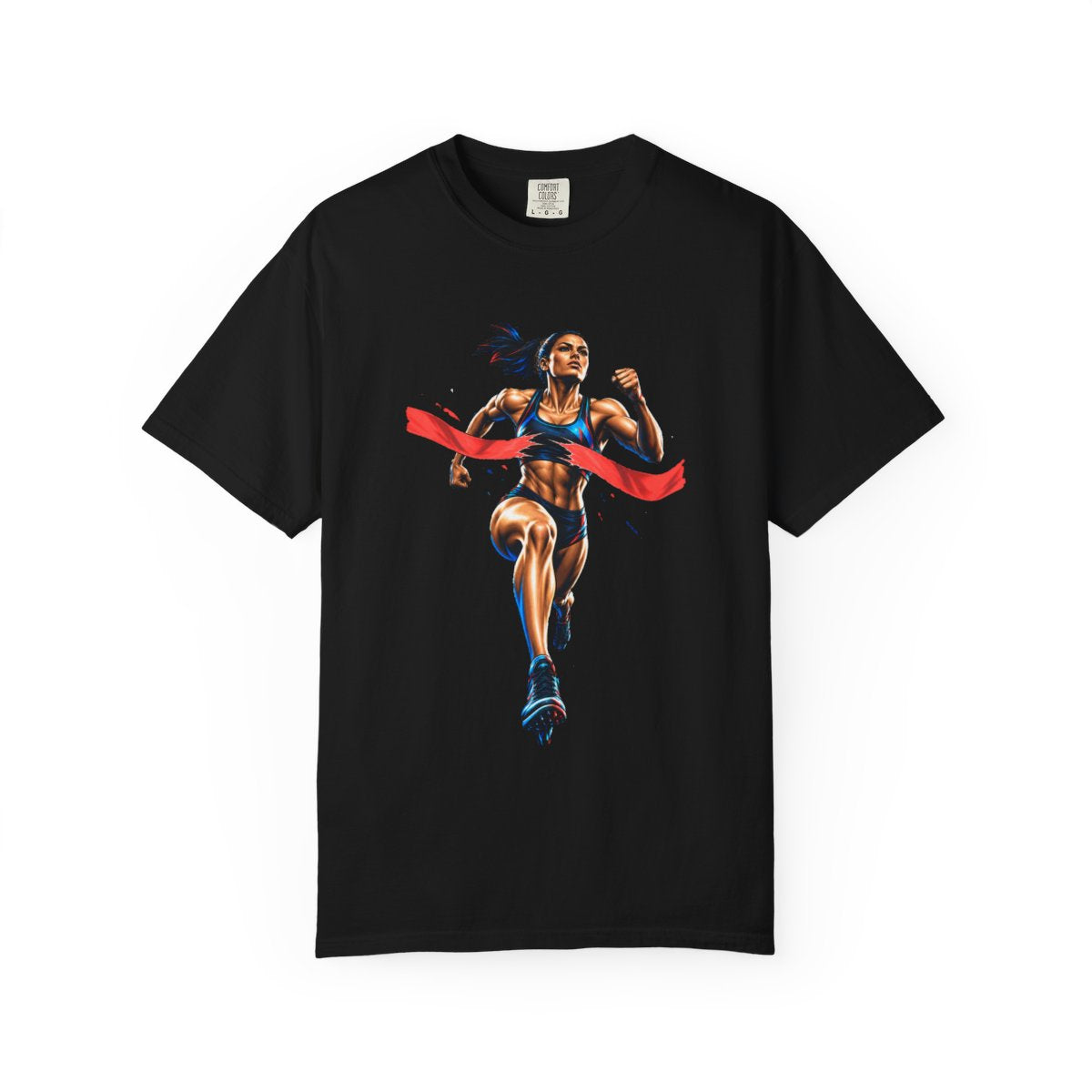 Ribbon Runner Tee large front print on a Black Comfort Colors 1717 tee