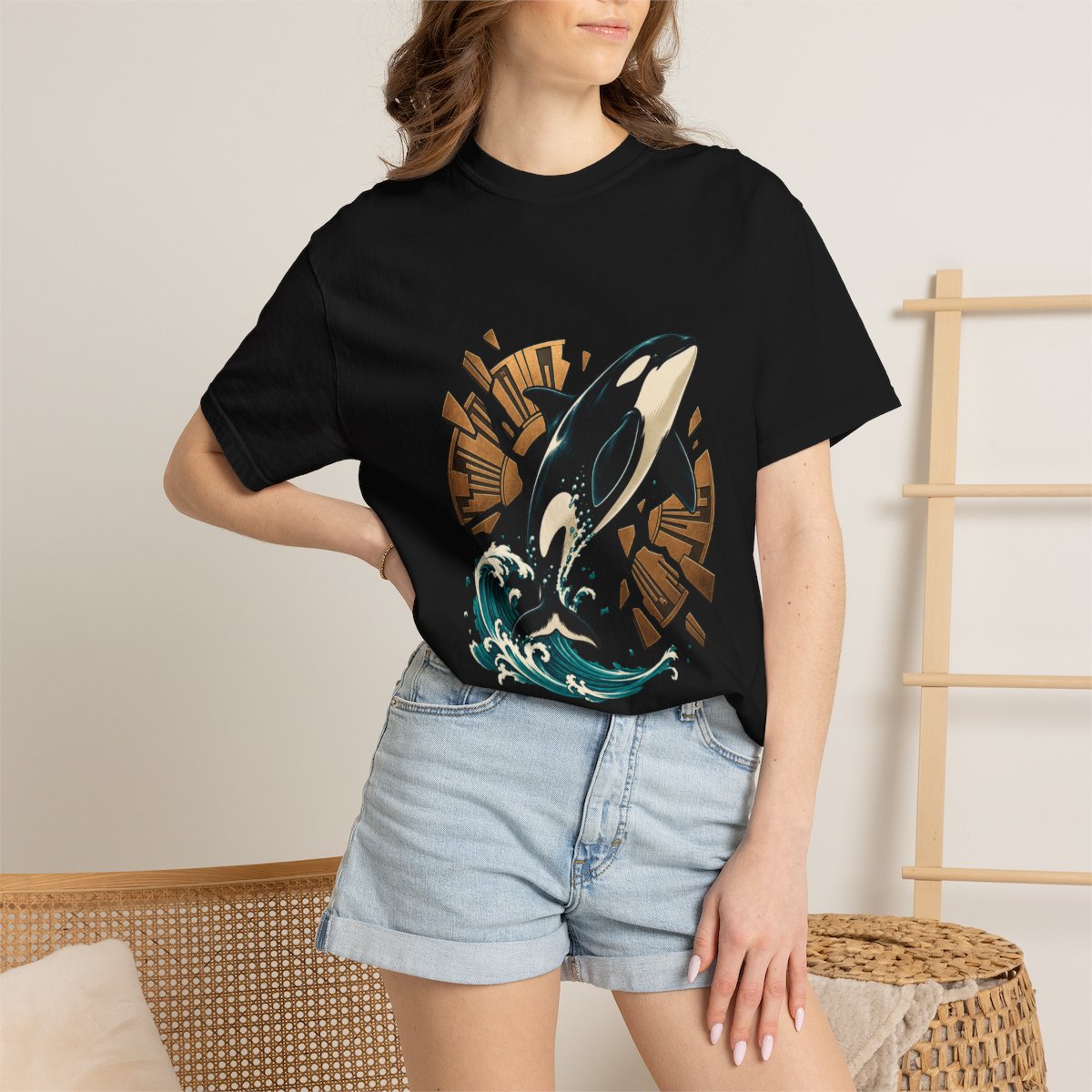 Orca Breach Tee worn Printify context view on a Black Comfort Colors 1717 tee