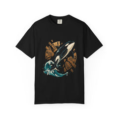 Orca Breach Tee large front print on a Black Comfort Colors 1717 tee