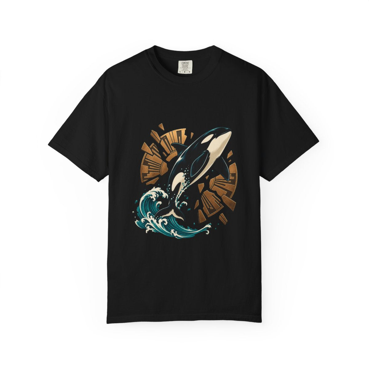 Orca Breach Tee large front print on a Black Comfort Colors 1717 tee