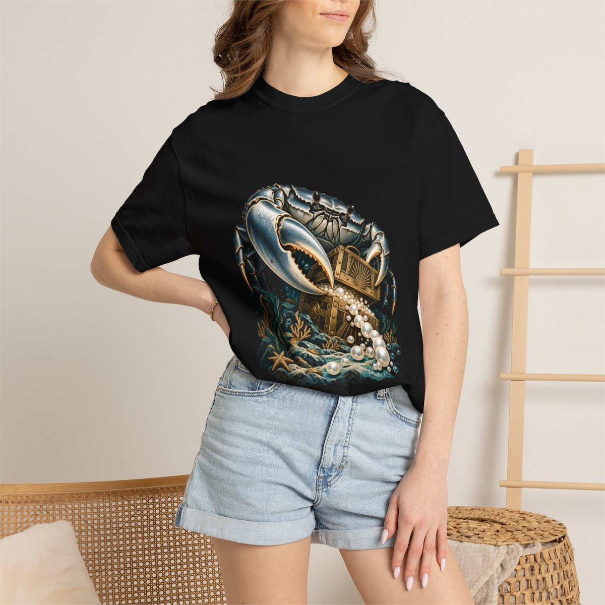 Pearl Thief Tee worn Printify context view on a Black Comfort Colors 1717 tee