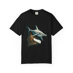 Searchlight Shark Tee large front print on a Black Comfort Colors 1717 tee