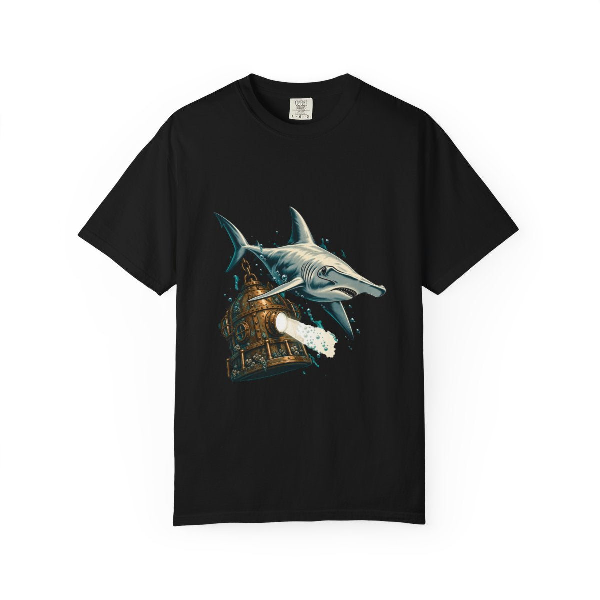 Searchlight Shark Tee large front print on a Black Comfort Colors 1717 tee