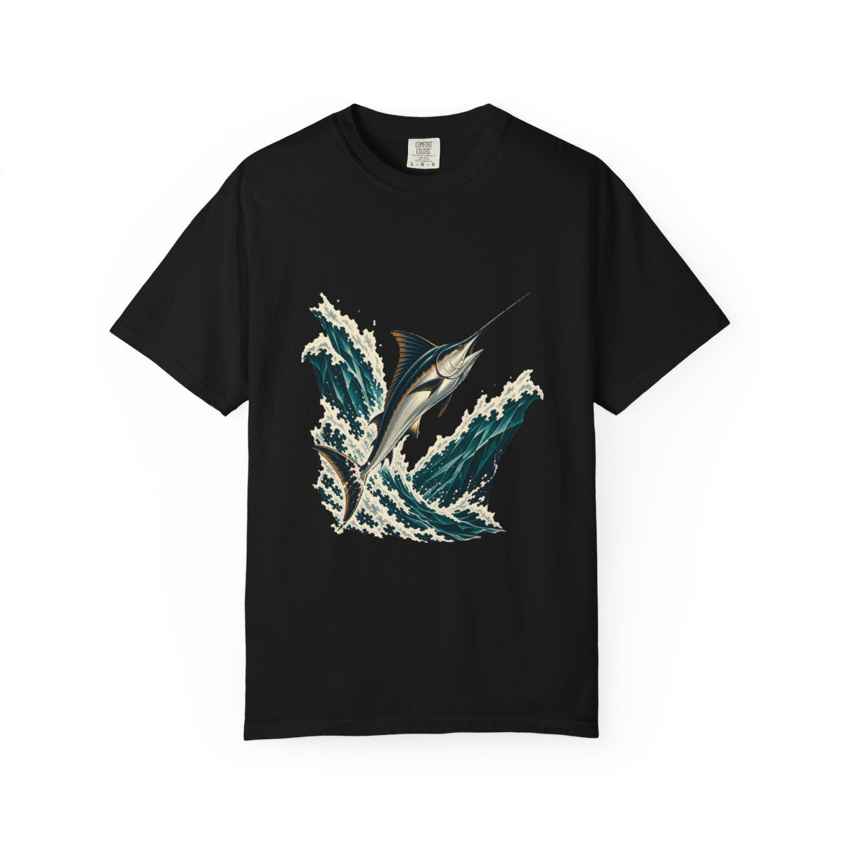 Swordfish Slash Tee large front print on a Black Comfort Colors 1717 tee