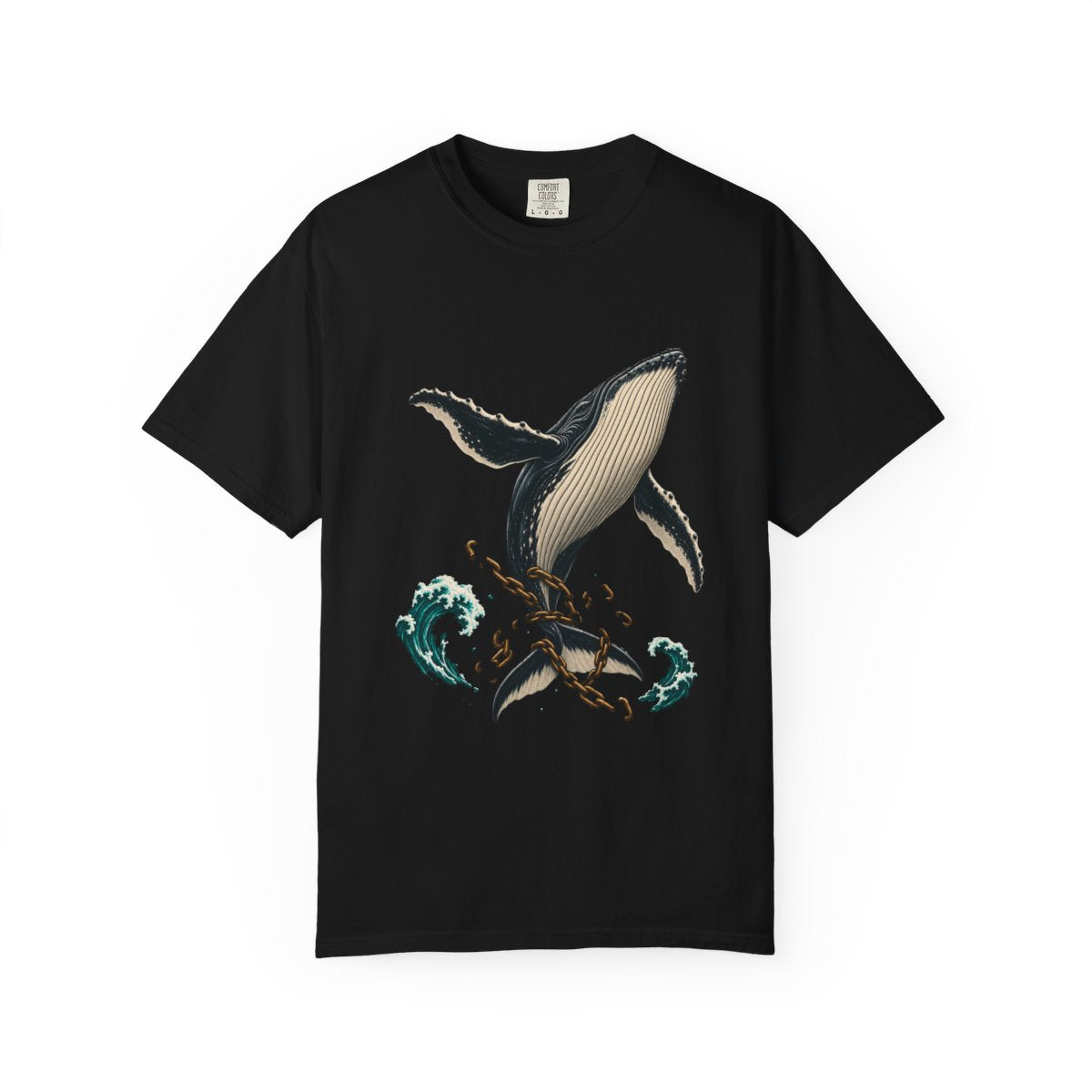 Whale Unbound Tee large front print on a Black Comfort Colors 1717 tee