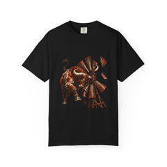 Bull vs. Windmill Tee large front print on a Black Comfort Colors 1717 tee