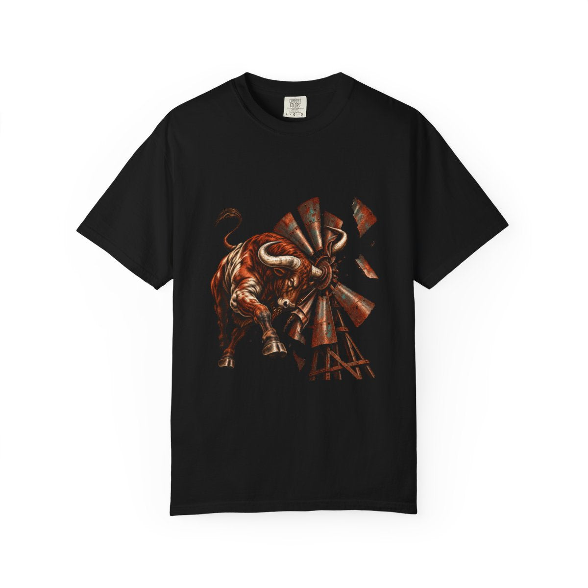 Bull vs. Windmill Tee large front print on a Black Comfort Colors 1717 tee