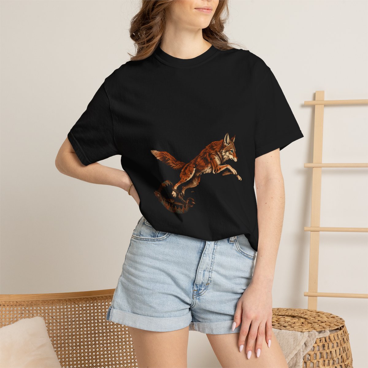 Coyote Breakout Tee worn Printify context view on a Black Comfort Colors 1717 tee