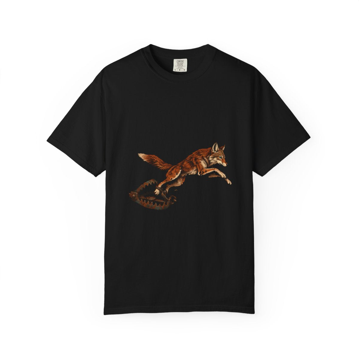 Coyote Breakout Tee large front print on a Black Comfort Colors 1717 tee