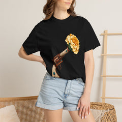 Marigold Shot Tee worn Printify context view on a Black Comfort Colors 1717 tee