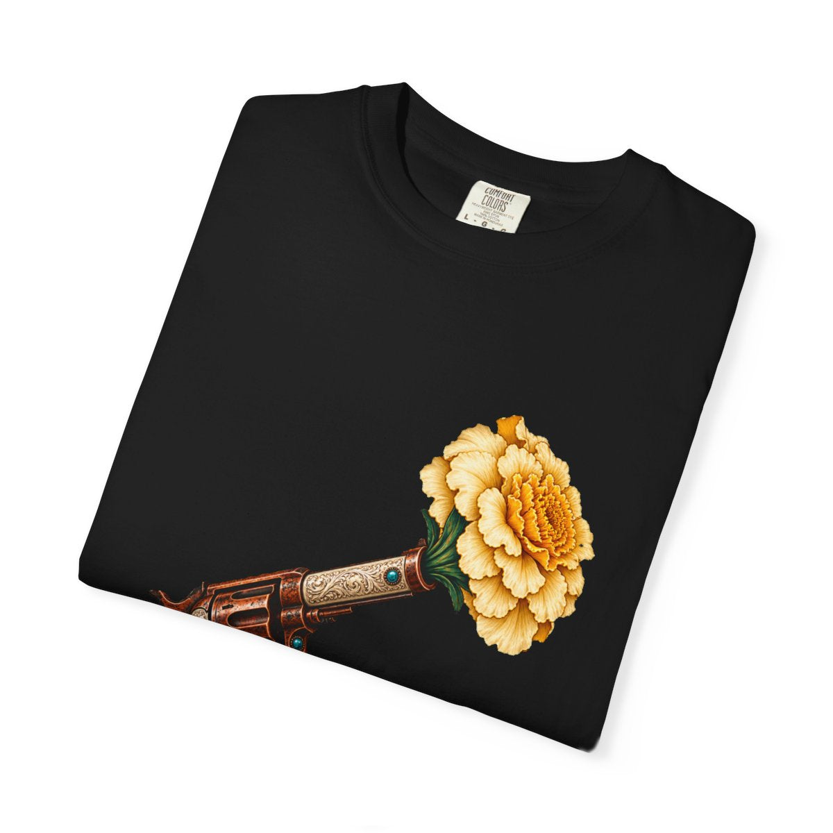 Marigold Shot Tee folded front print detail