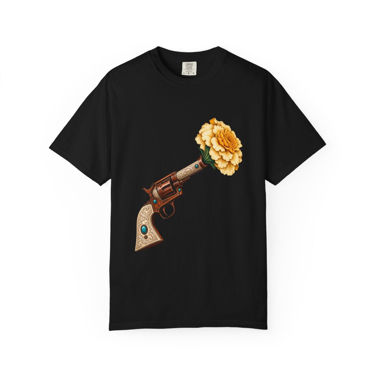 Marigold Shot Tee large front print on a Black Comfort Colors 1717 tee
