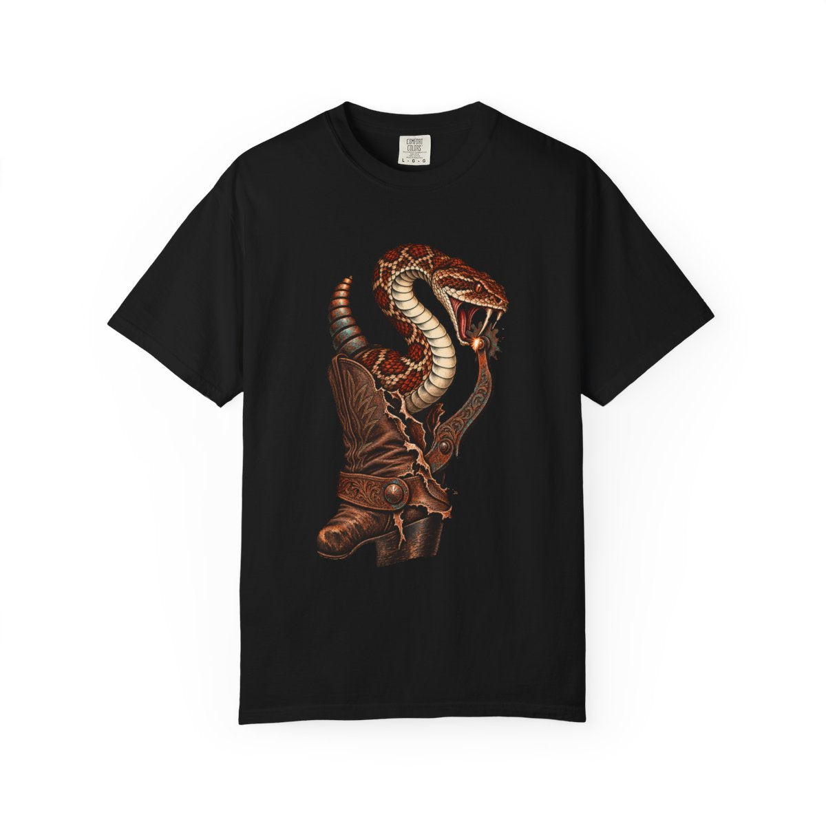 Rattler's Boot Tee large front print on a Black Comfort Colors 1717 tee