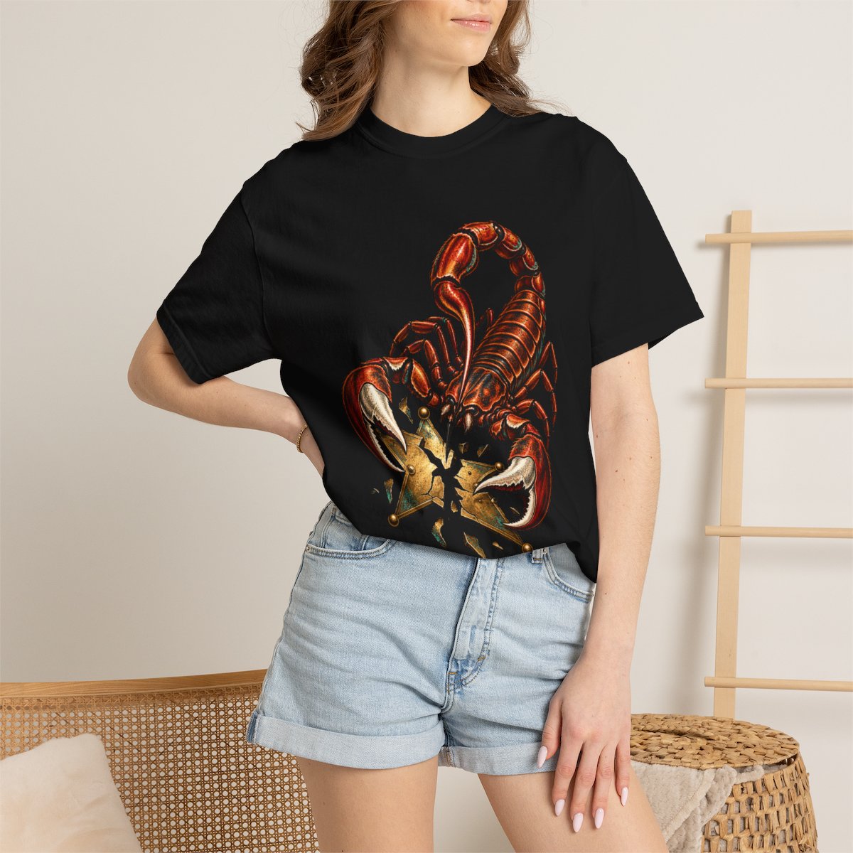 Scorpion Star Tee worn Printify context view on a Black Comfort Colors 1717 tee