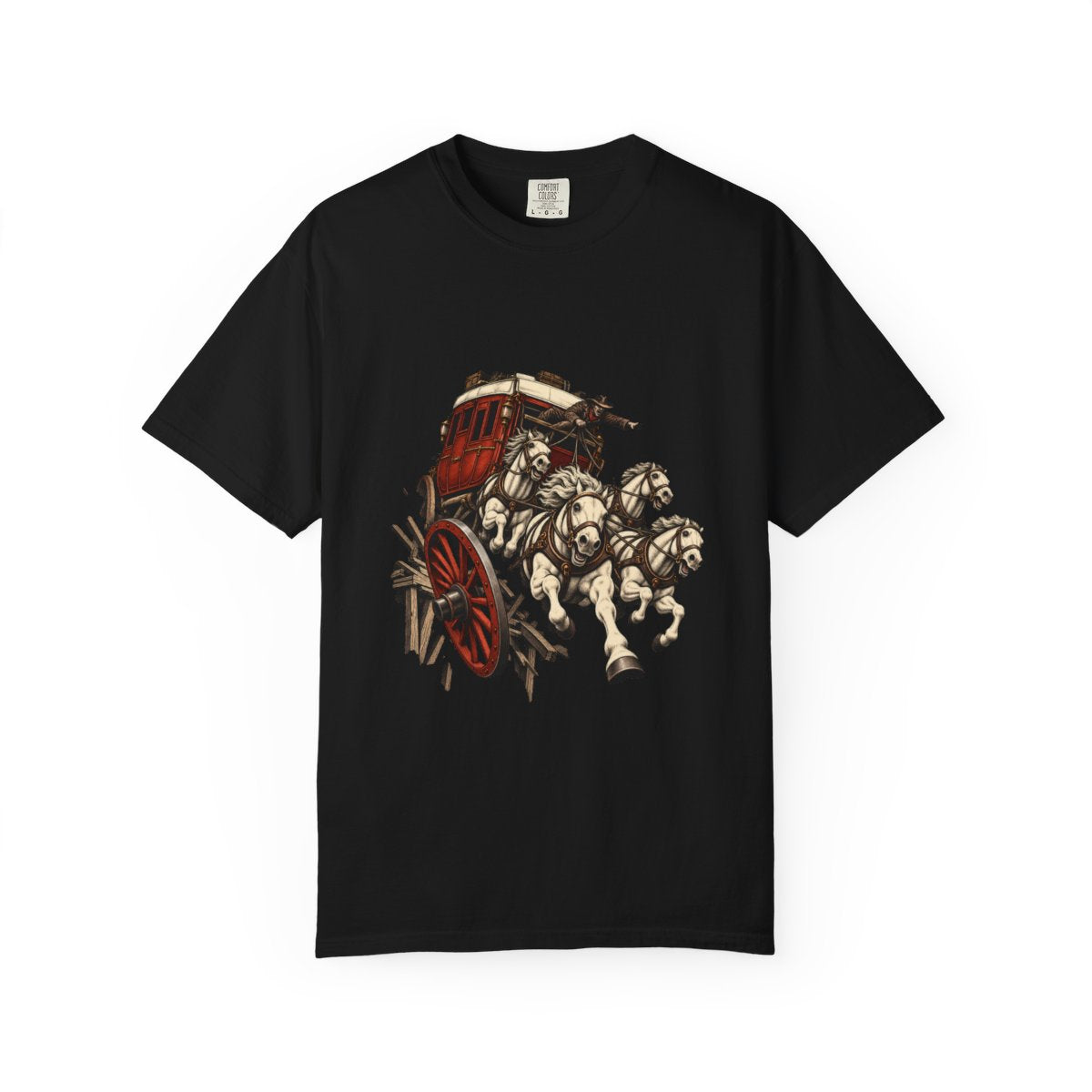 The Falling Stagecoach Tee large front print on a Black Comfort Colors 1717 tee