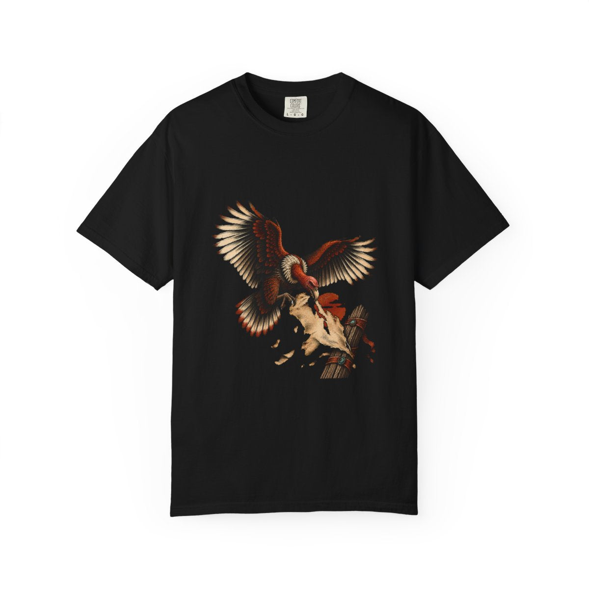 Wanted Vulture Tee large front print on a Black Comfort Colors 1717 tee