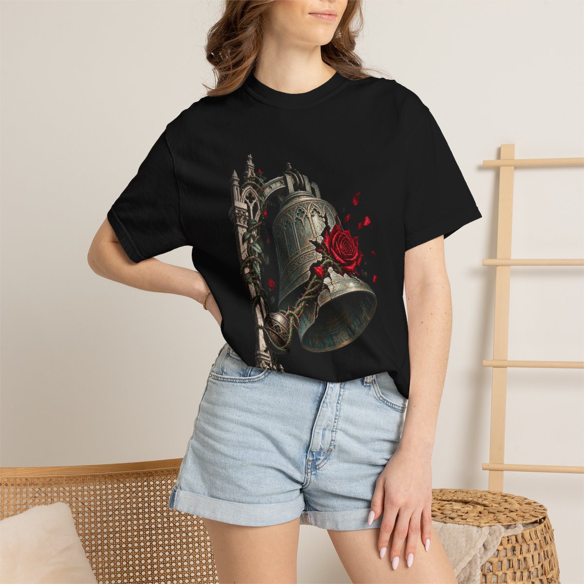 Bell of Thorns Tee worn Printify context view on a Black Comfort Colors 1717 tee