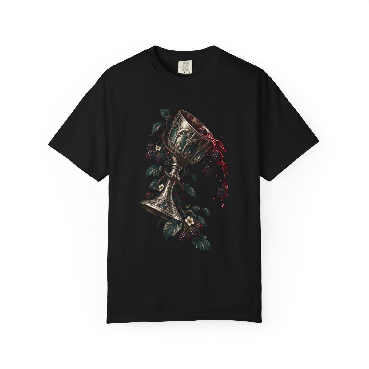 Blackberry Chalice Tee large front print on a Black Comfort Colors 1717 tee