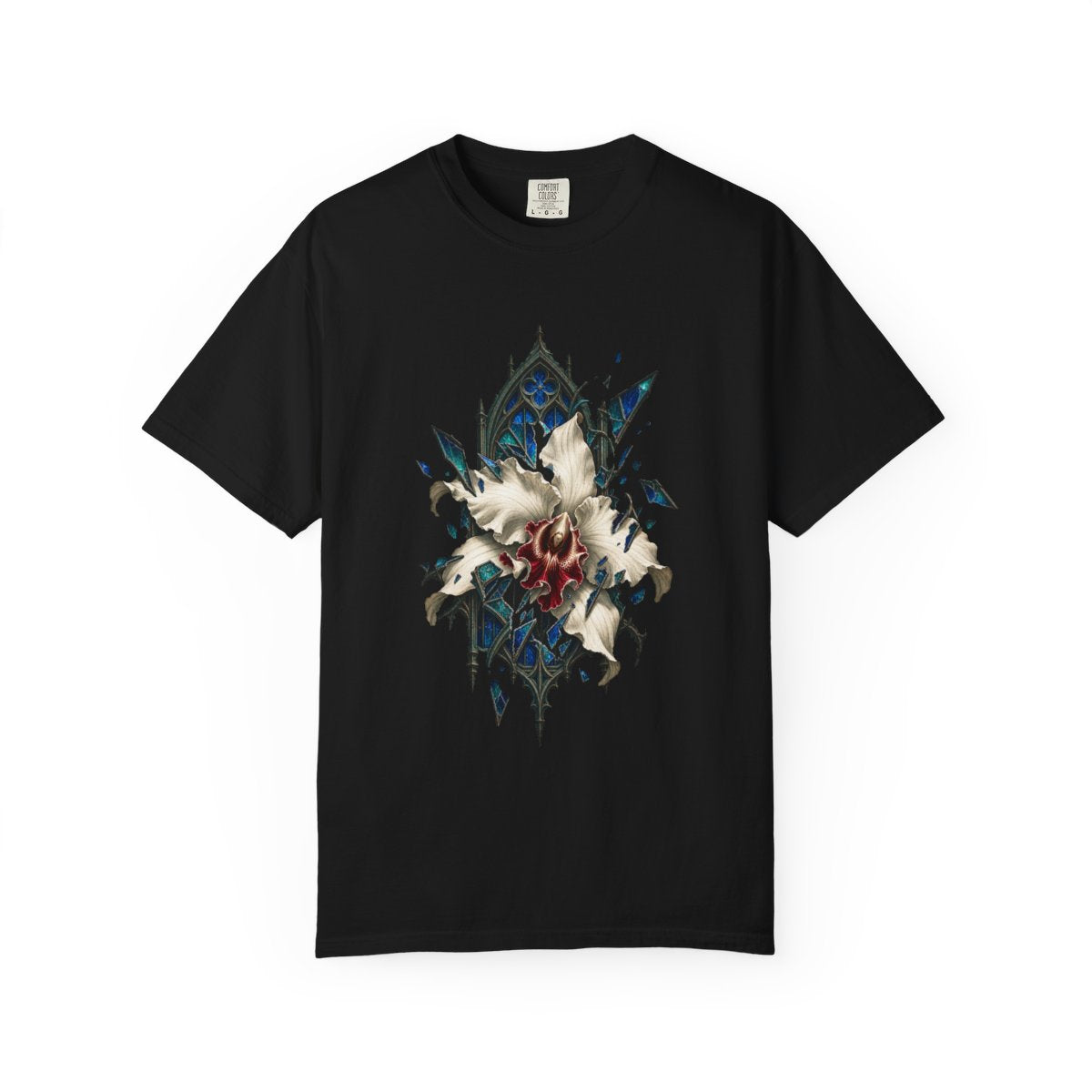 Orchid Through Glass Tee large front print on a Black Comfort Colors 1717 tee