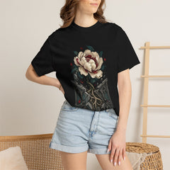 Peony from Stone Tee worn Printify context view on a Black Comfort Colors 1717 tee