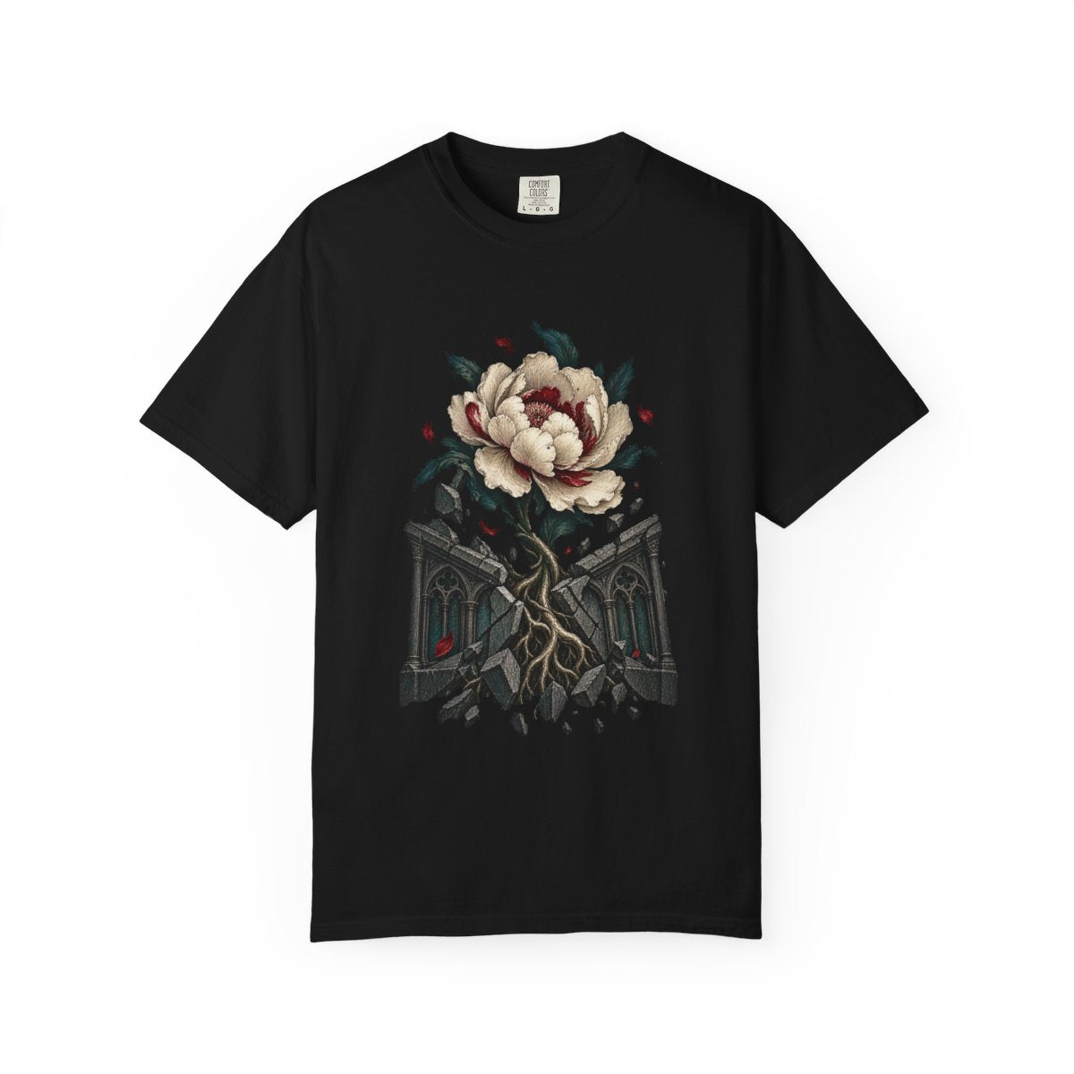 Peony from Stone Tee large front print on a Black Comfort Colors 1717 tee