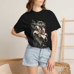 The Lily Gargoyle Tee worn Printify context view on a Black Comfort Colors 1717 tee