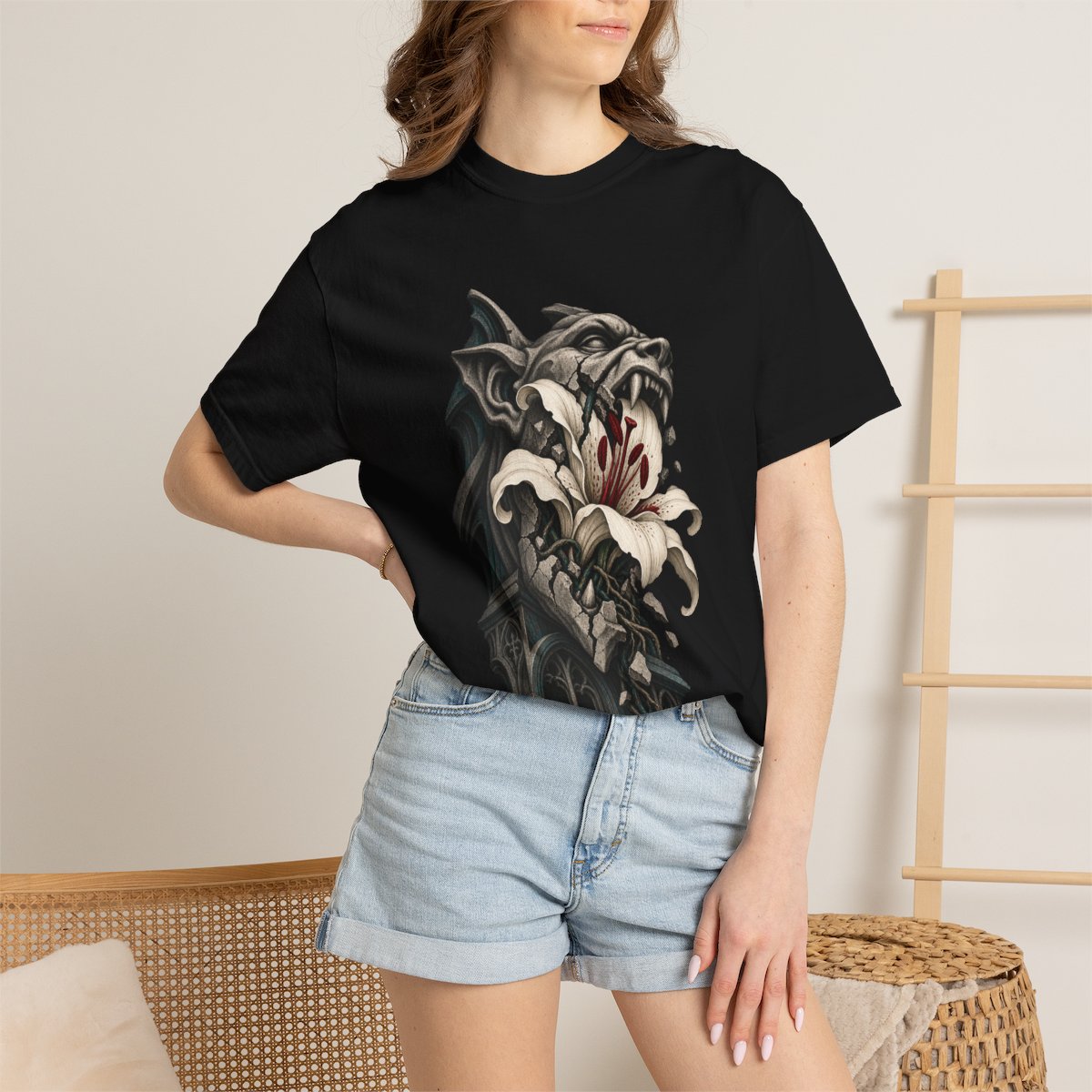 The Lily Gargoyle Tee worn Printify context view on a Black Comfort Colors 1717 tee
