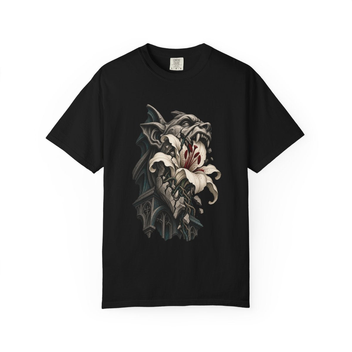 The Lily Gargoyle Tee large front print on a Black Comfort Colors 1717 tee