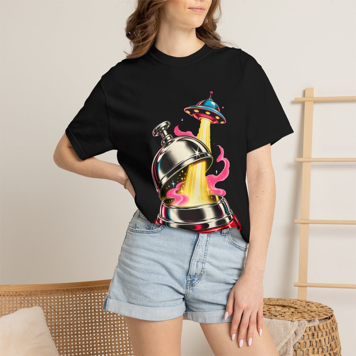 Bell and Saucer Tee worn Printify context view on a Black Comfort Colors 1717 tee