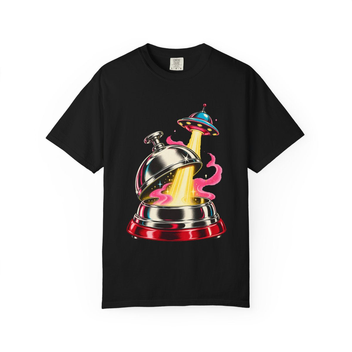 Bell and Saucer Tee large front print on a Black Comfort Colors 1717 tee