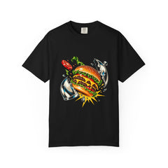 Burger Crash Tee large front print on a Black Comfort Colors 1717 tee