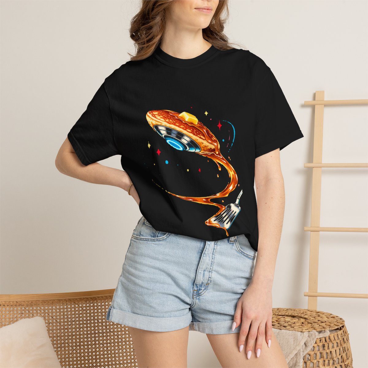 Flip the Saucer Tee worn Printify context view on a Black Comfort Colors 1717 tee