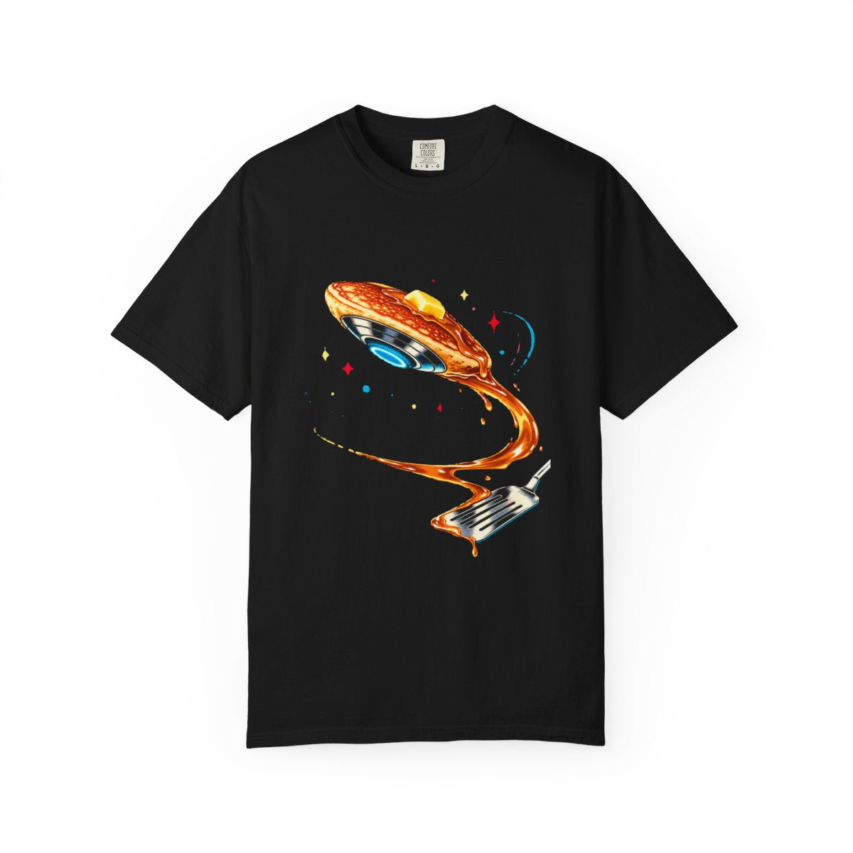 Flip the Saucer Tee large front print on a Black Comfort Colors 1717 tee