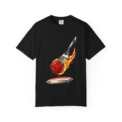 Fork vs. Meteor Tee large front print on a Black Comfort Colors 1717 tee