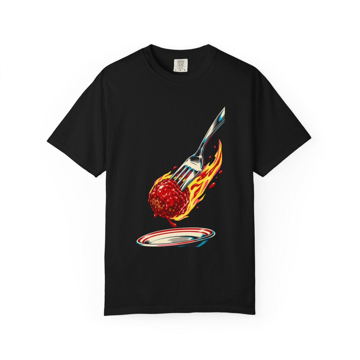 Fork vs. Meteor Tee large front print on a Black Comfort Colors 1717 tee