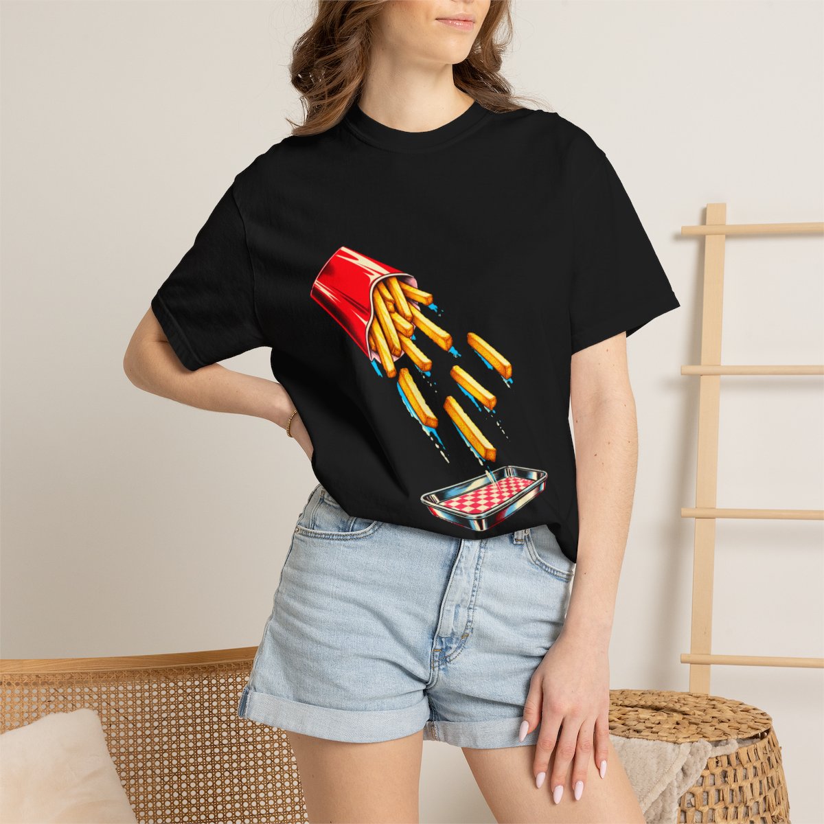 Fries from Above Tee worn Printify context view on a Black Comfort Colors 1717 tee